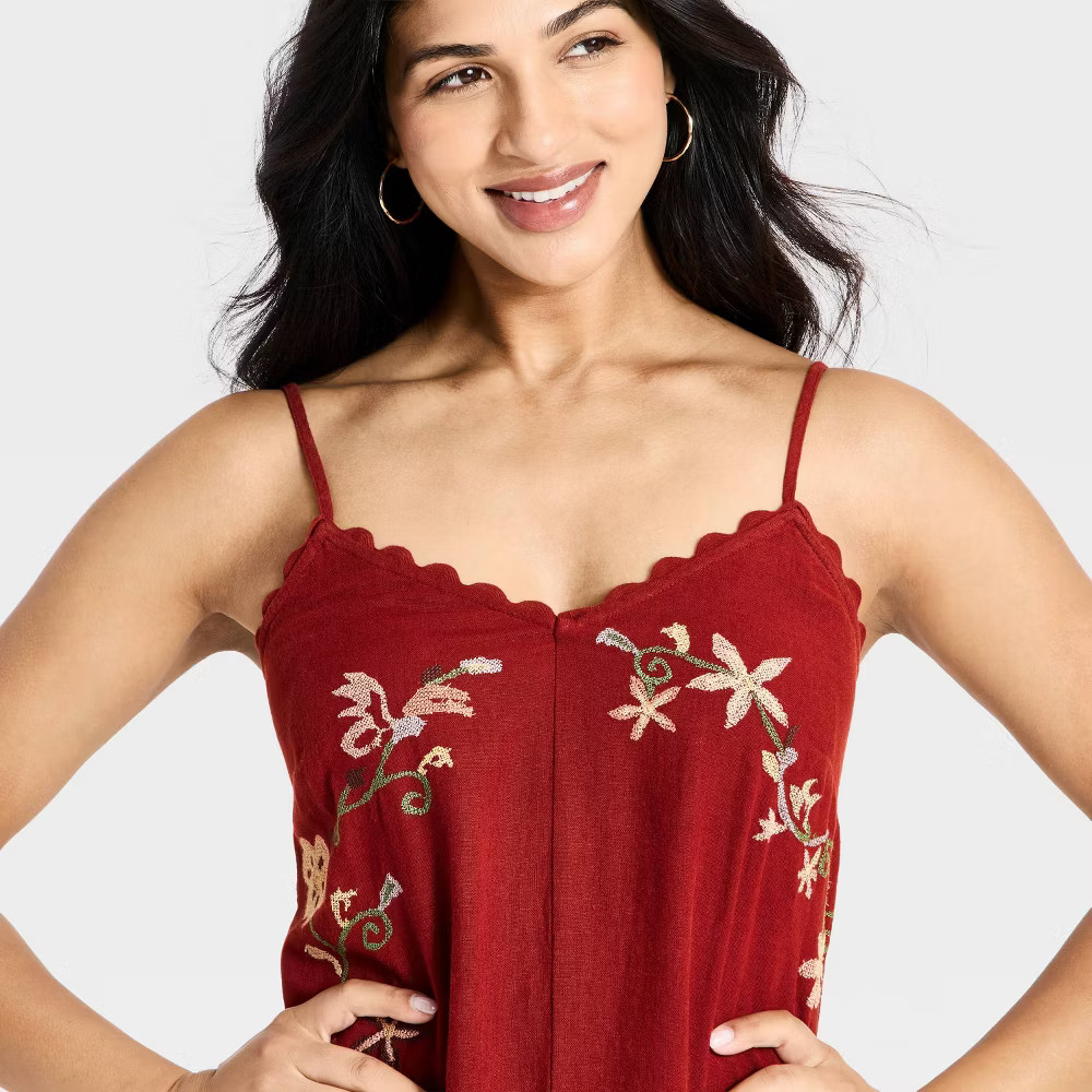 Women Linen Embroidered Midi High Low Dress – Universal