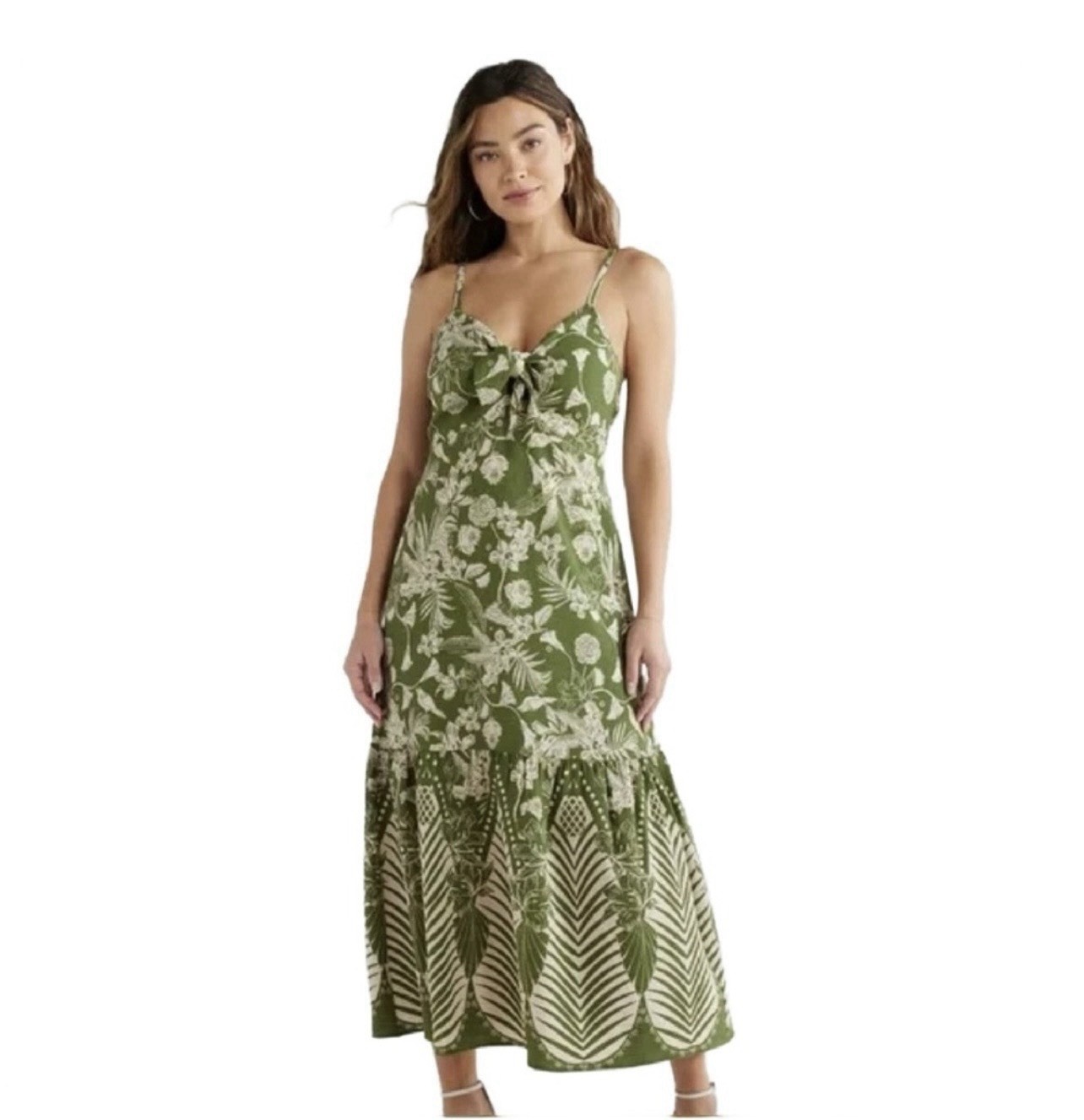 Sofia Vergara Tie Front Babydoll Maxi Summer Dress Tiered XS Green Cream Tropica