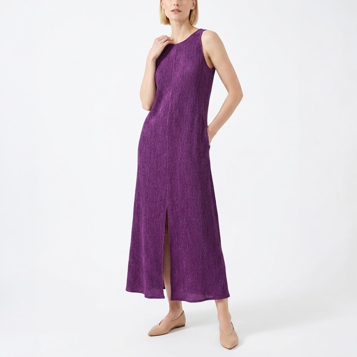 NWT Eileen Fisher Woven Plissé Round Neck Dress, 2 Colors, Size PP-3X