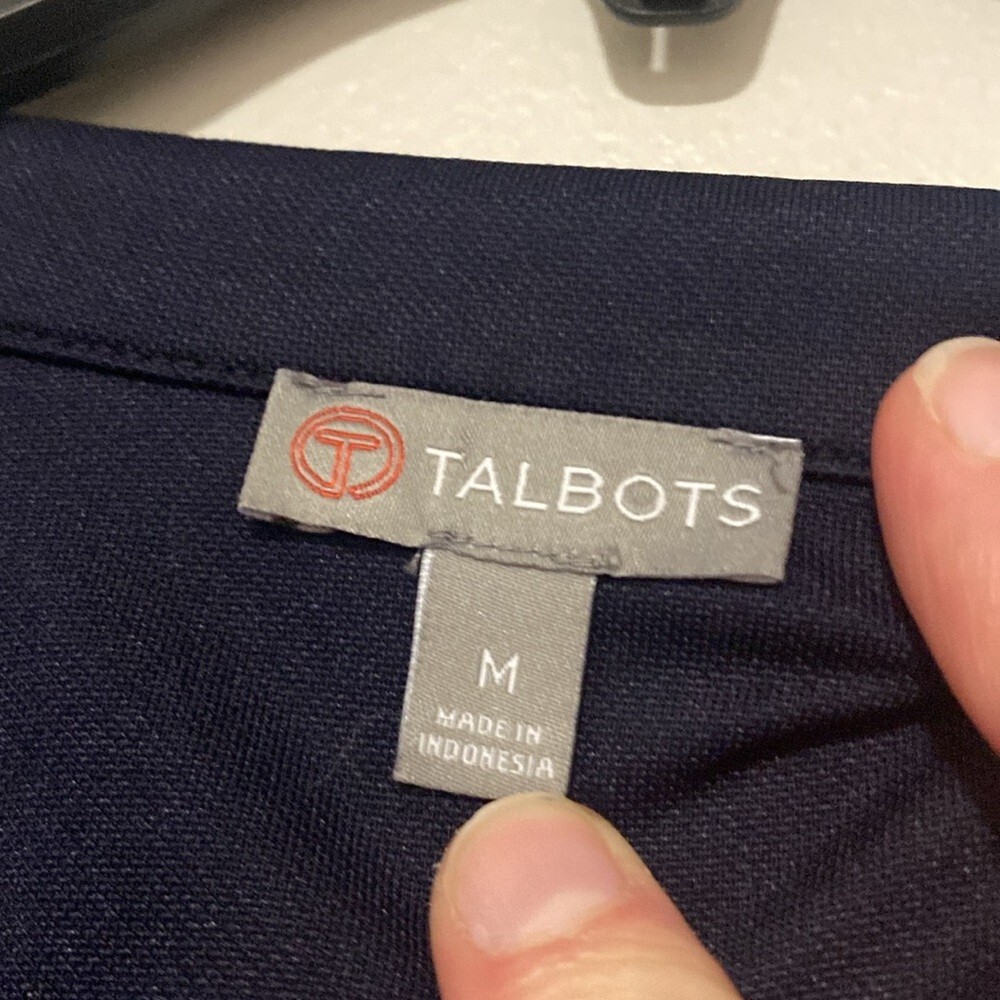 Talbots All Over Print Navy Blue Collar Dress Tie Front Golf Preppy – Size M