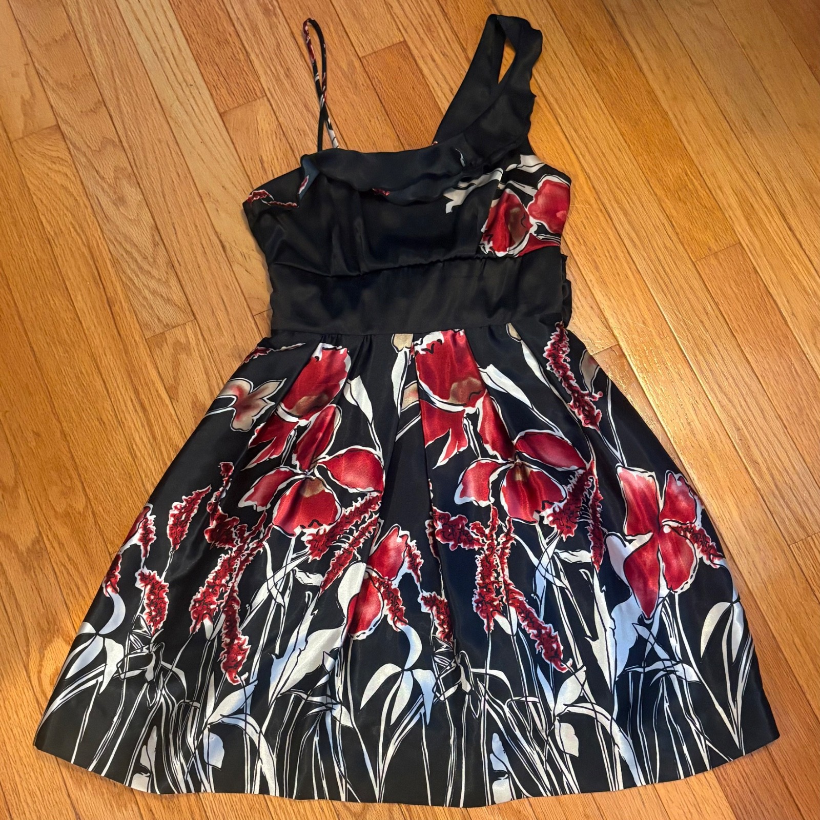 Vintage Red Floral Mystic Dress Medium Bubble Hem Asymmetrical Straps Whimsigoth