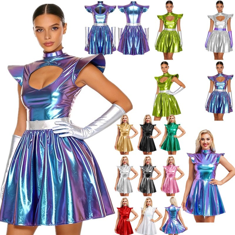 US Womens Alien Cosplay Metallic Shiny Dress A-line Theme Party Wear with Gloves