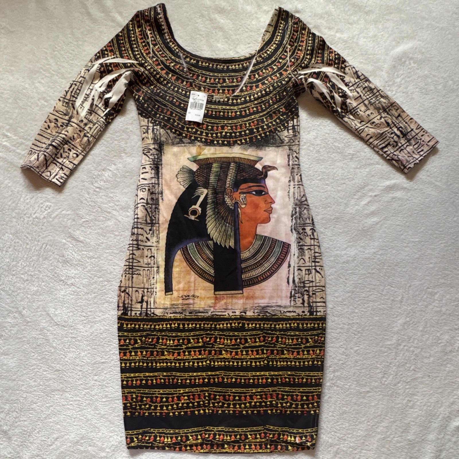 Love J Women’s M Black Bodycon Cleopatra Egyptian Graphic 3/4 Lace-Up Dress