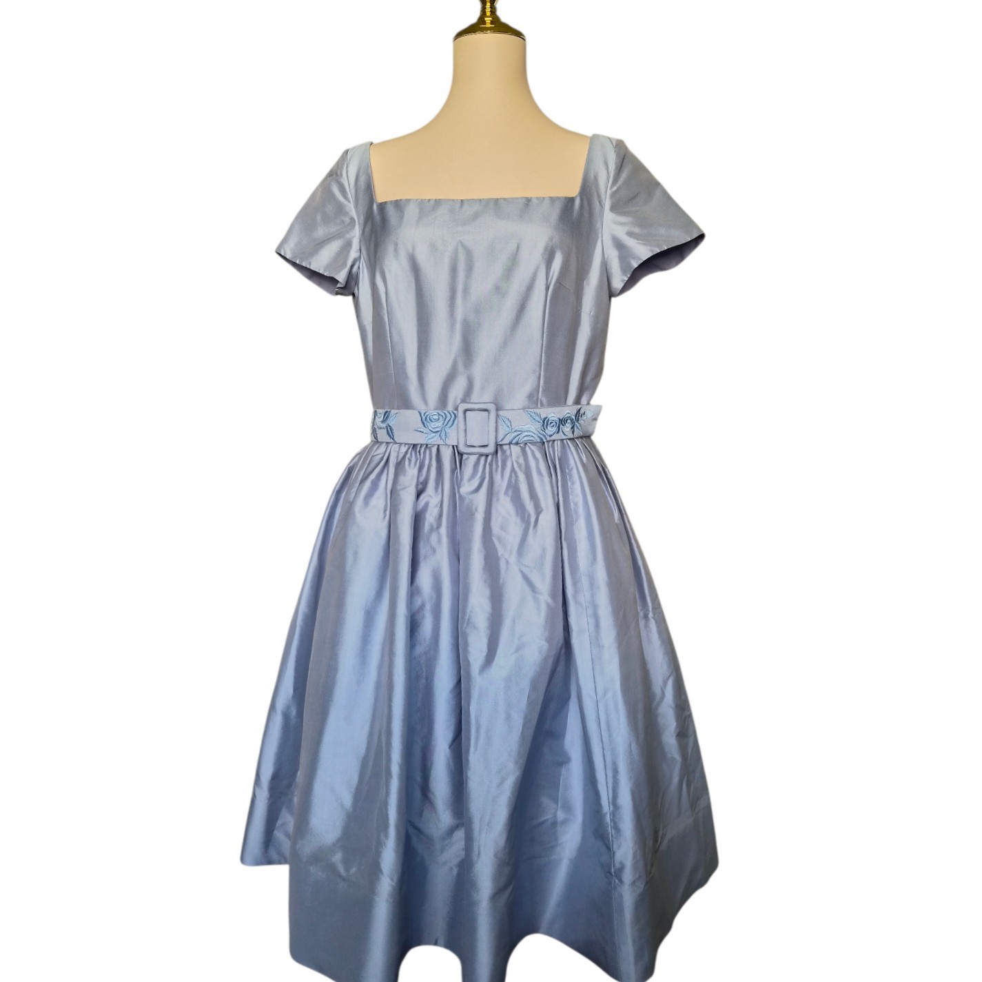 Marisa Baratelli 100% Thai Silk Blue Dress Belted 50s Retro Cocktail Size 8 NWT