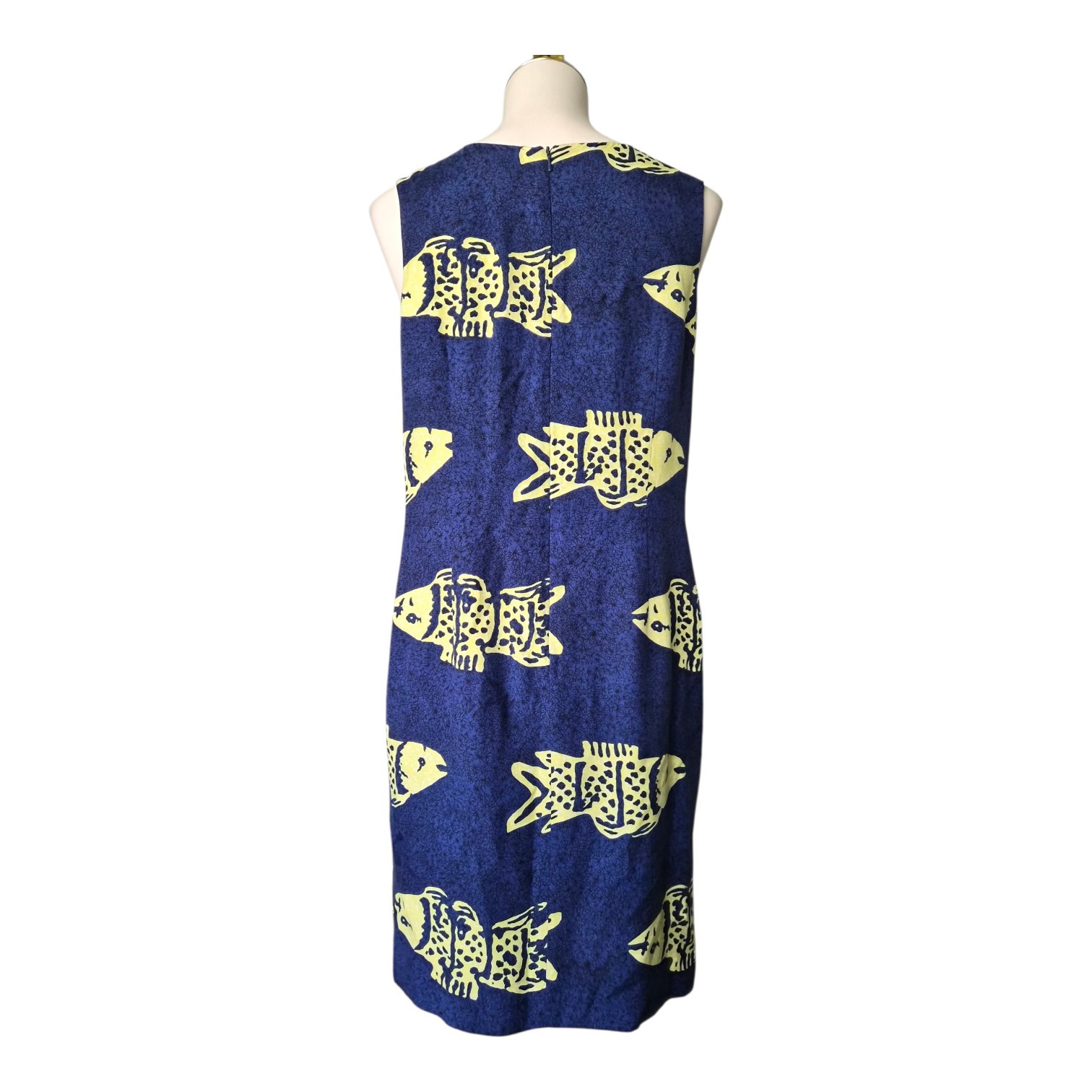 R B Sport Silk Fish Print Dress Blue Yellow Coastal Grandma Sz 10