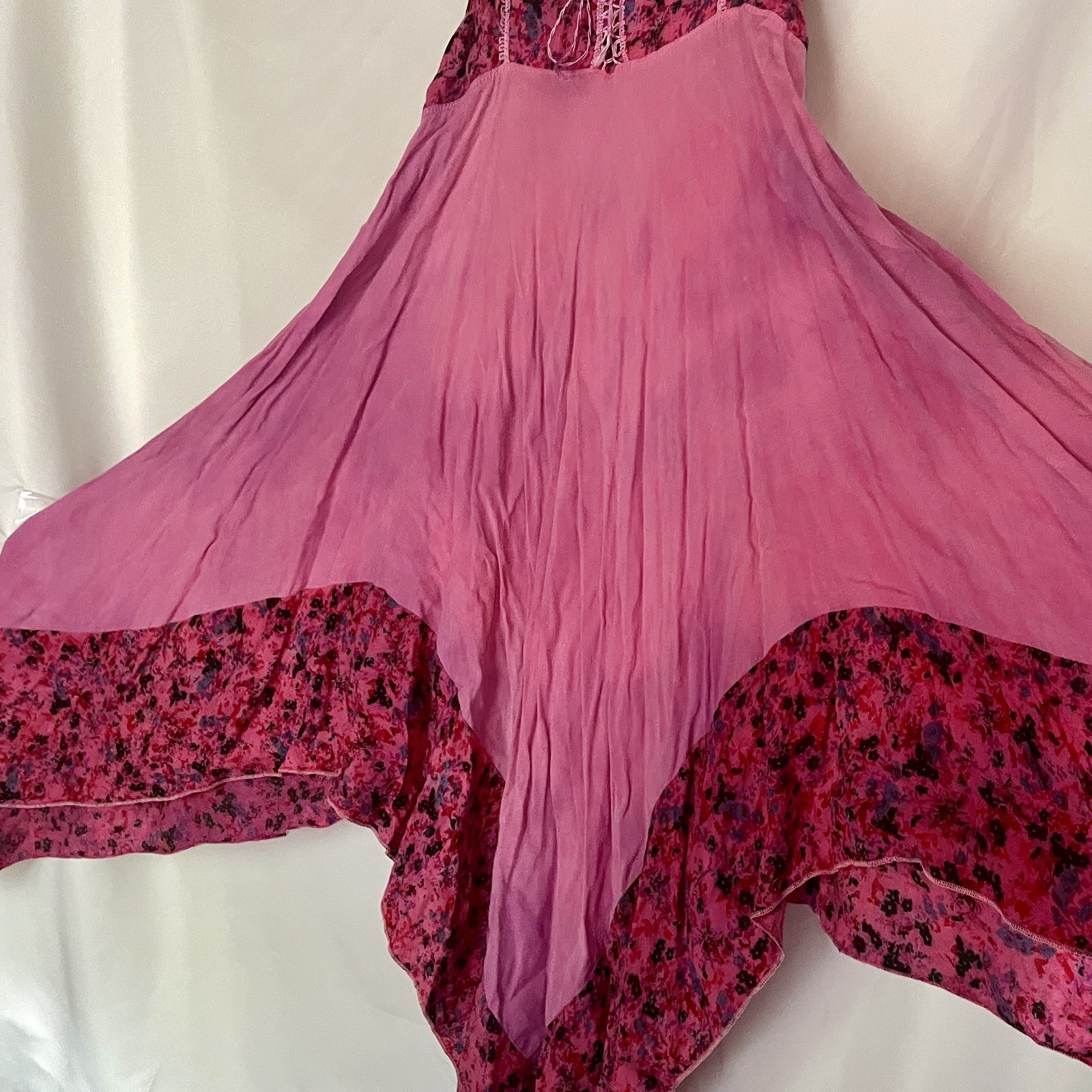 Boho Indie Festival Tank Sun Dress Small Asymmetric Hem Tie Lace Up Front Dye