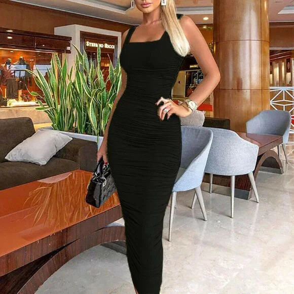 Women’s Ruched Sleeveless Tank Midi Bodycon Dress Brown