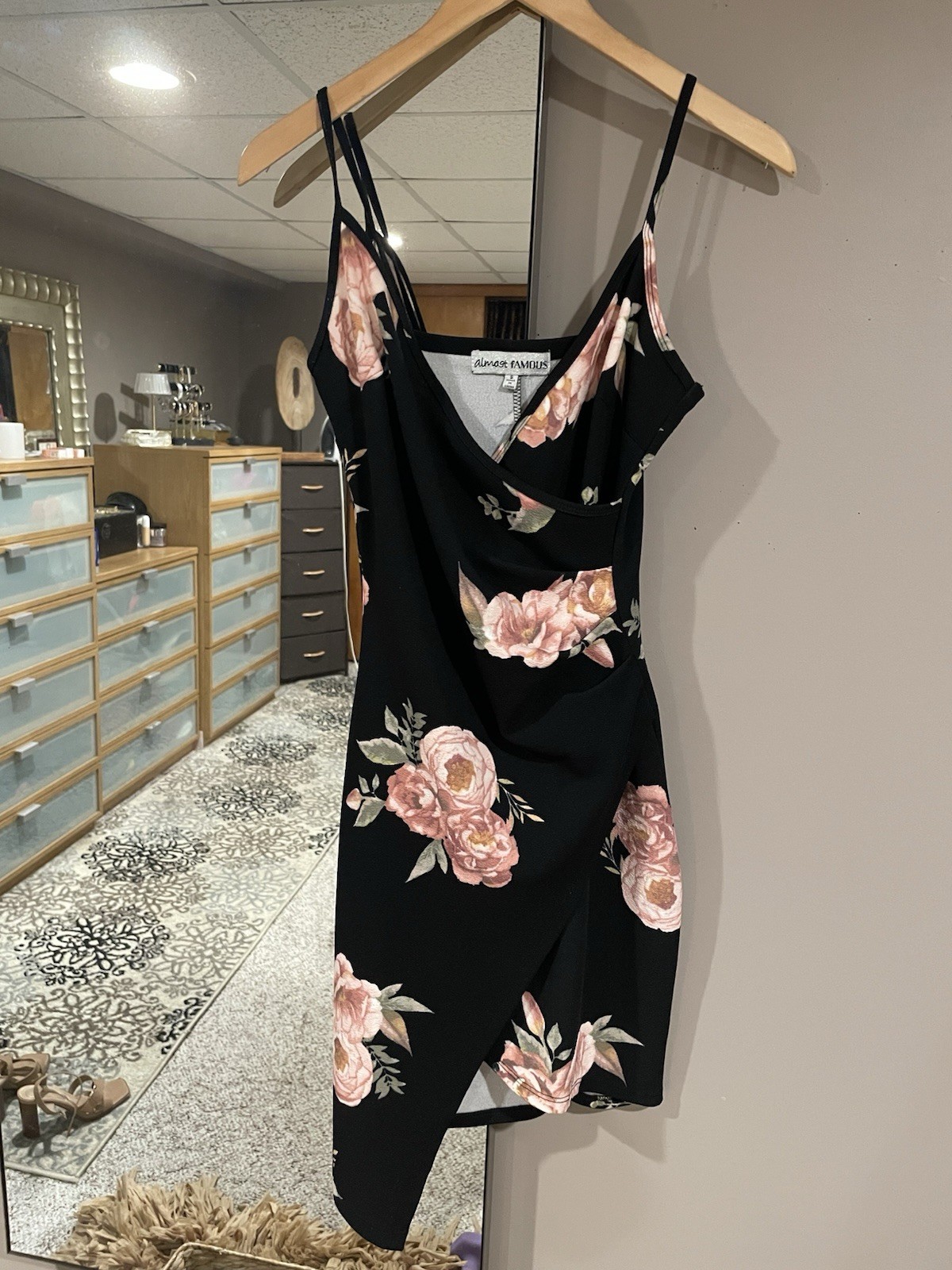 Black Floral Wrap Strap Dress – Juniors Size S, Asymmetrical Hem