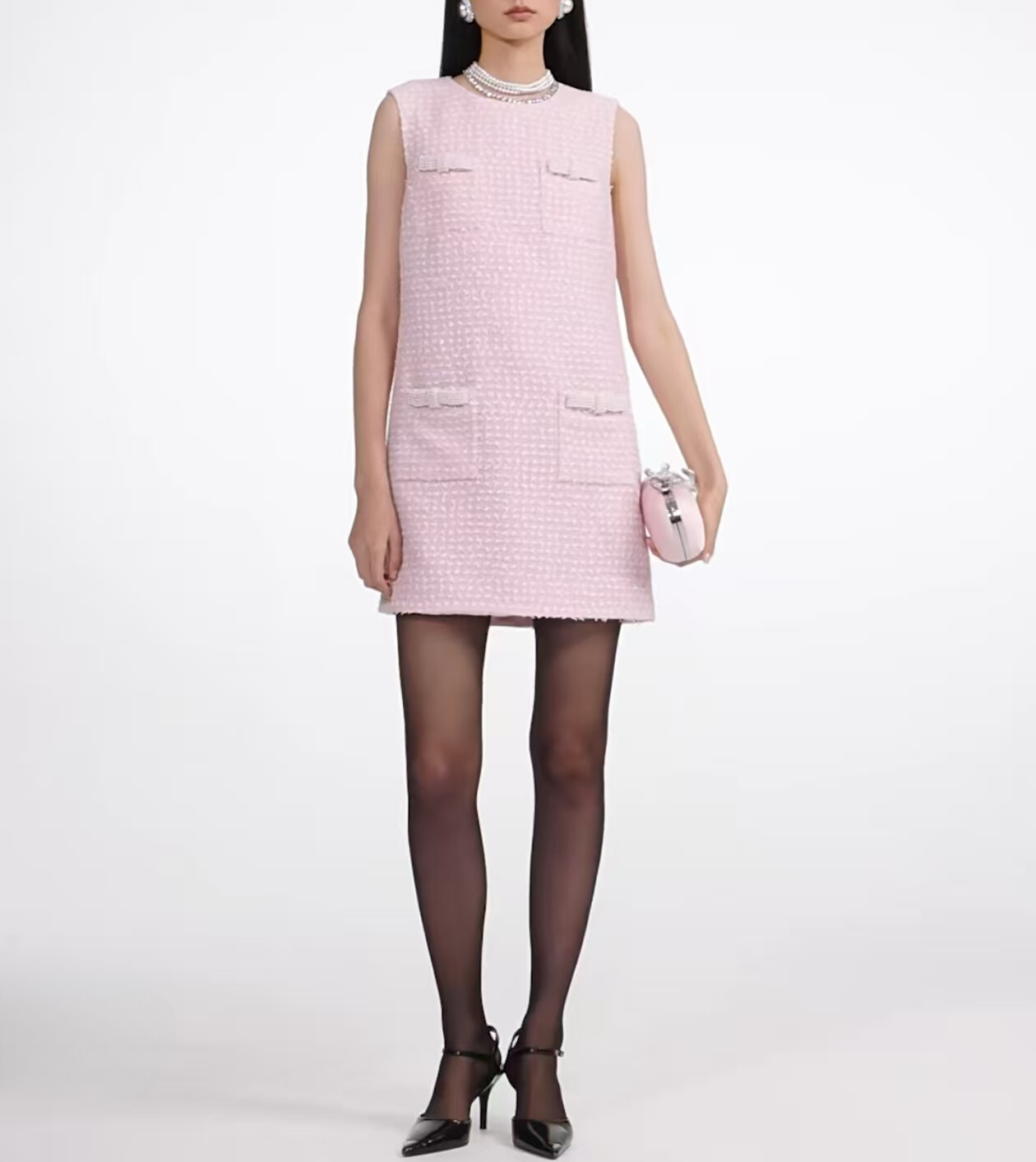 Women Self-Portrait Round Neck Pearl Sleeveless A-line Mini Dress Pink