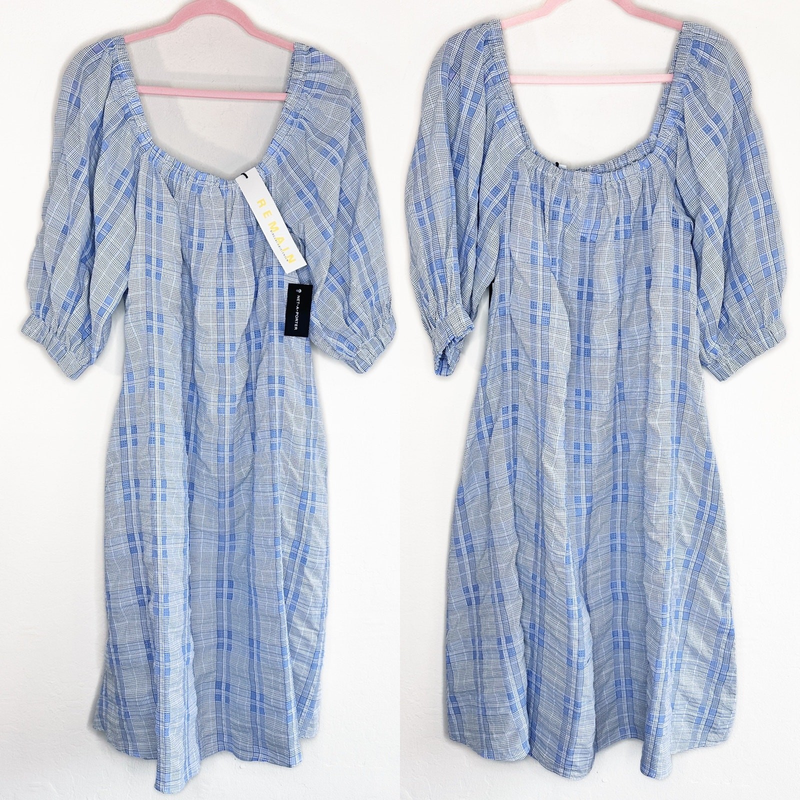 NWT Remain Birger Christensen Lea Brunnera Blue Plaid Off Shoulder Midi Dress 6