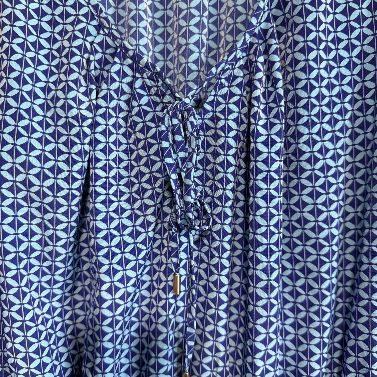 Gap Sleeveless Dress Size M Blue Geometric Print Blouson Tie Neck 100% Polyester