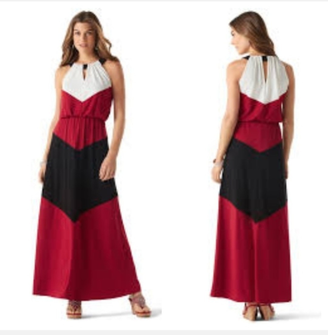 White House Black Market XXS Red/White/Black Colorblock Halter Sleeveless Maxi