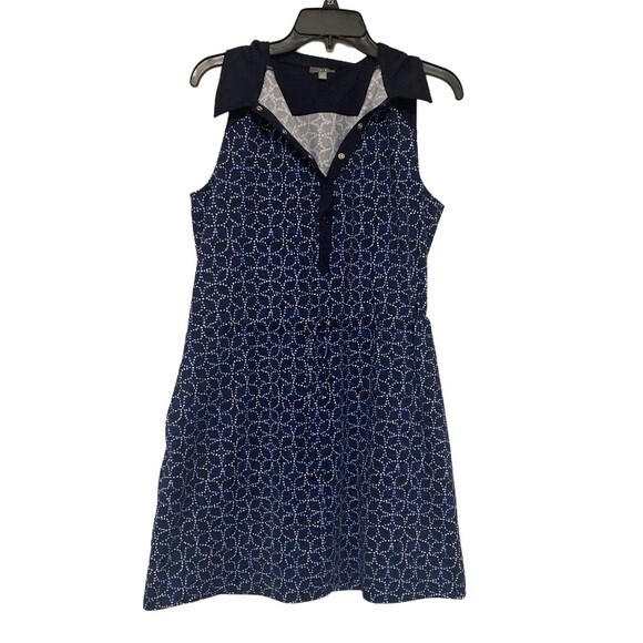 Talbots All Over Print Navy Blue Collar Dress Tie Front Golf Preppy – Size M