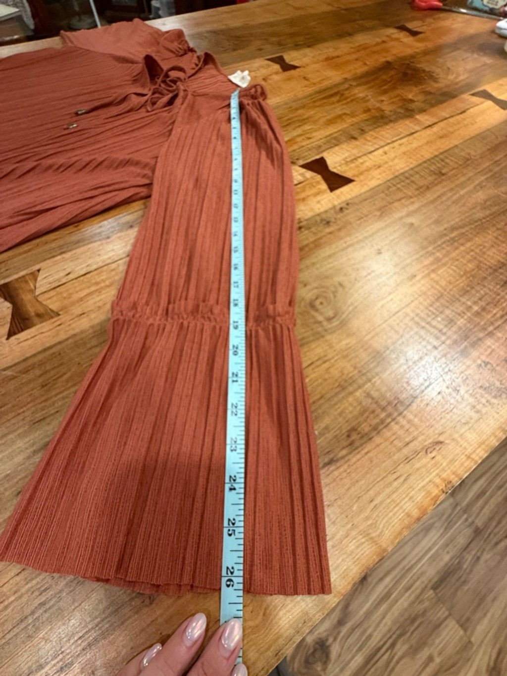 Dress Up Pleated Rust Terracotta Shift Mini Dress Bell Sleeve Boho Tiered M