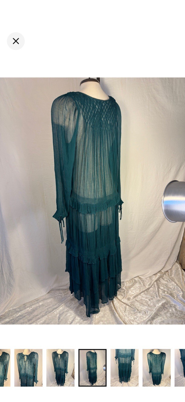 Sundance Teal Sheer Chiffon Ruffle Tie Neck Midi Dress Cupro Viscose Size S