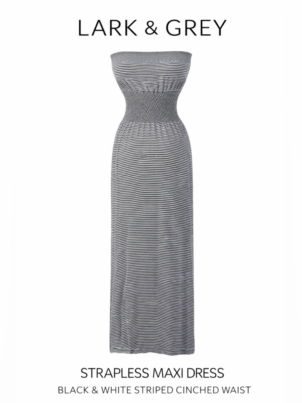 Lark + Grey Strapless Maxi Dress Black White Striped Cinched Waist L/XL