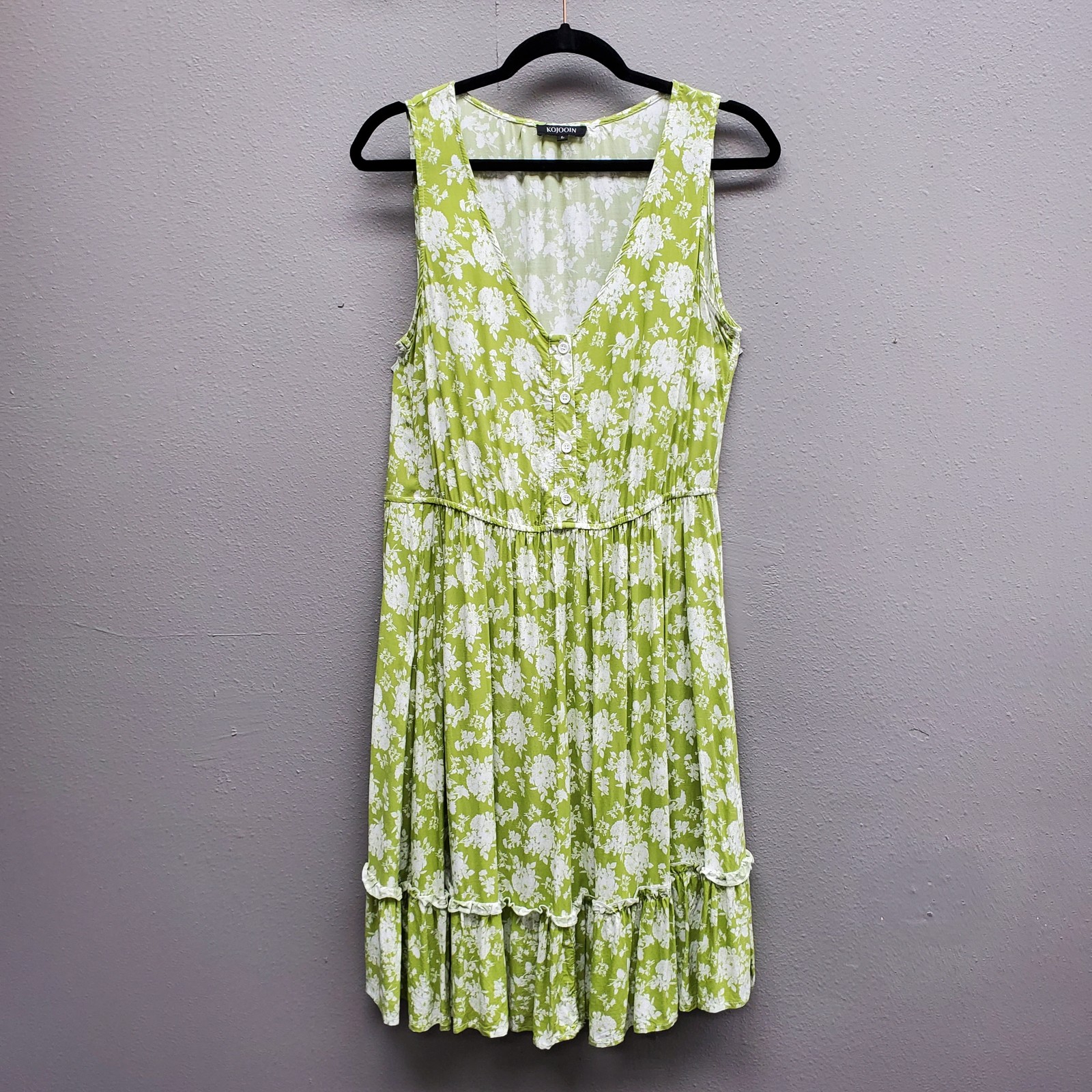 Kojooin Dress Womens Large Green White Floral Sleeveless V Neck Button Tiered