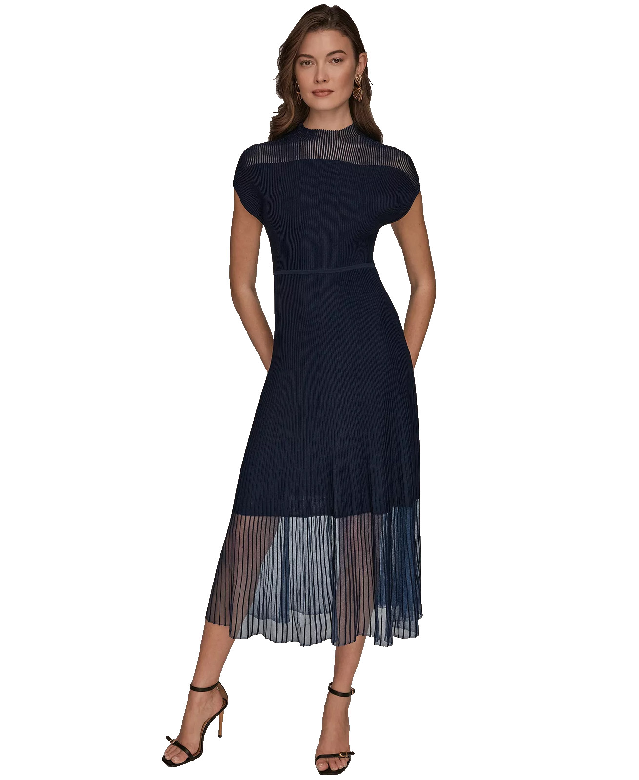 Donna Karan Midi Dress Large Navy Sheer Pleated Hem Illusion Knit NWT $199