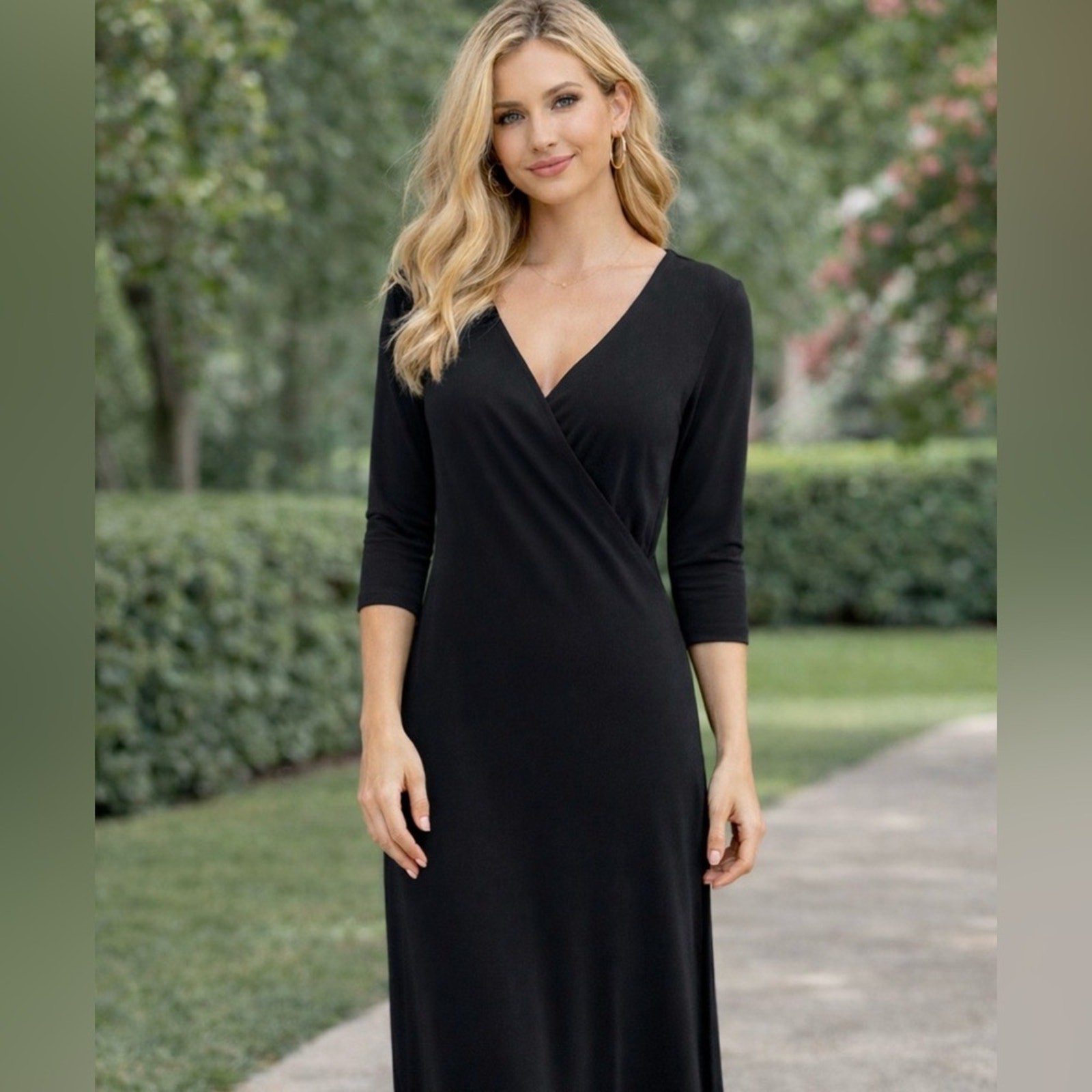 J Jill Black Surplice Jersey Knit Midi Dress Size M Stretch 3/4 Sleeve V Neck