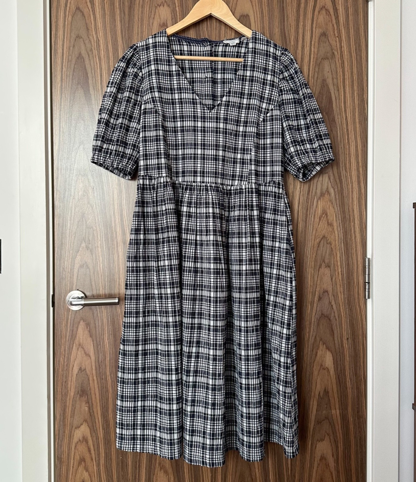 Fat Face Navy Gingham Check Puff Short Sleeve V Neck Pockets Midi Dress UK 14