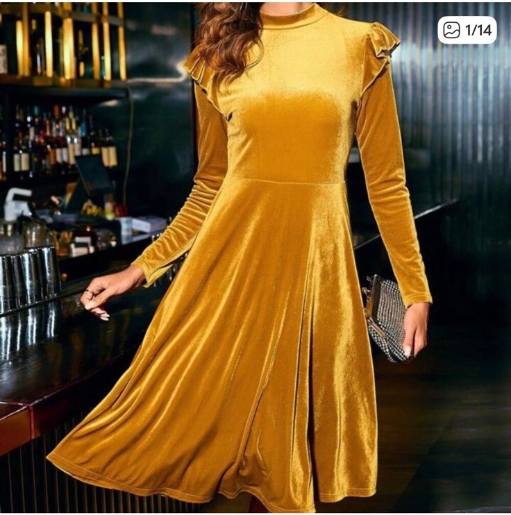 Ivy City Co La La Lady Dress Velvet Marigold Yellow Ruffle MIDI Holiday Small