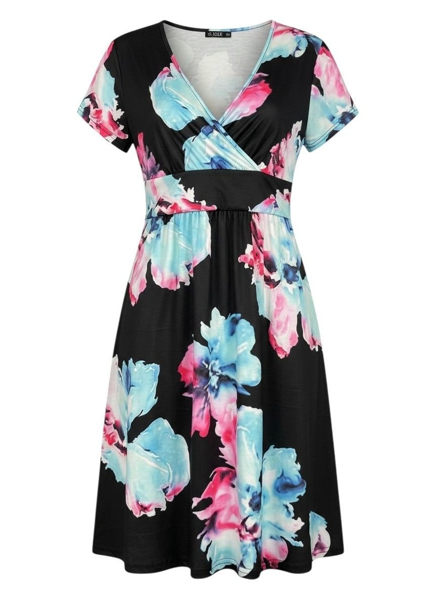 Ouges Womens Floral A-Line Wrap Dress XXL Black With Pink & Blue Flowers NWT