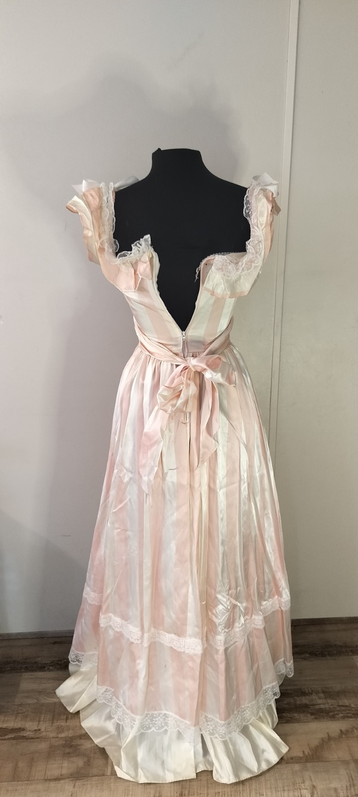 Pink White Striped Satin Acetate Maxi Dress Lace Ruffle Bow Zip 7/8