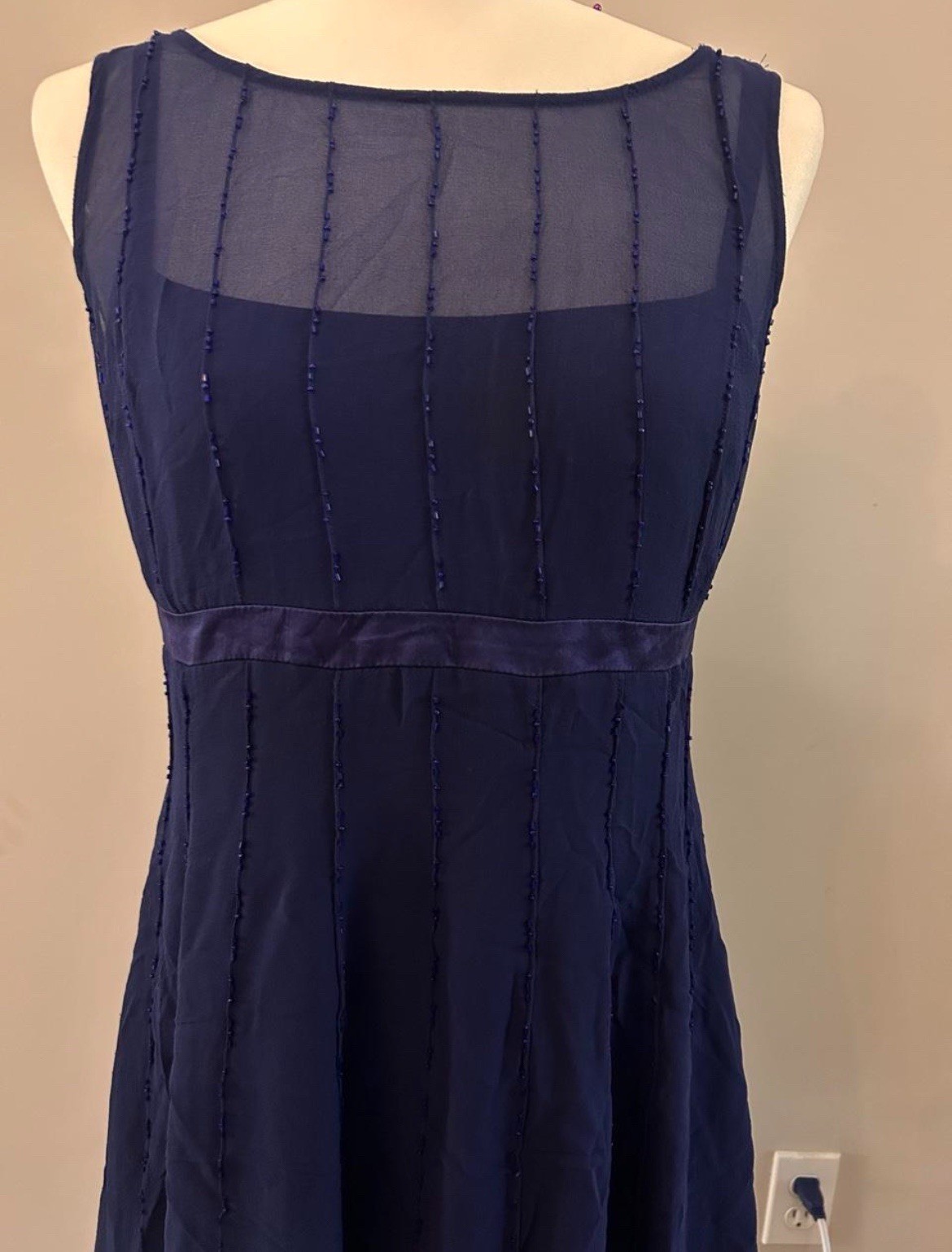 Talbots Petites Navy Beaded Pure Silk Chiffon Boat Neck A-Line Dress 8P