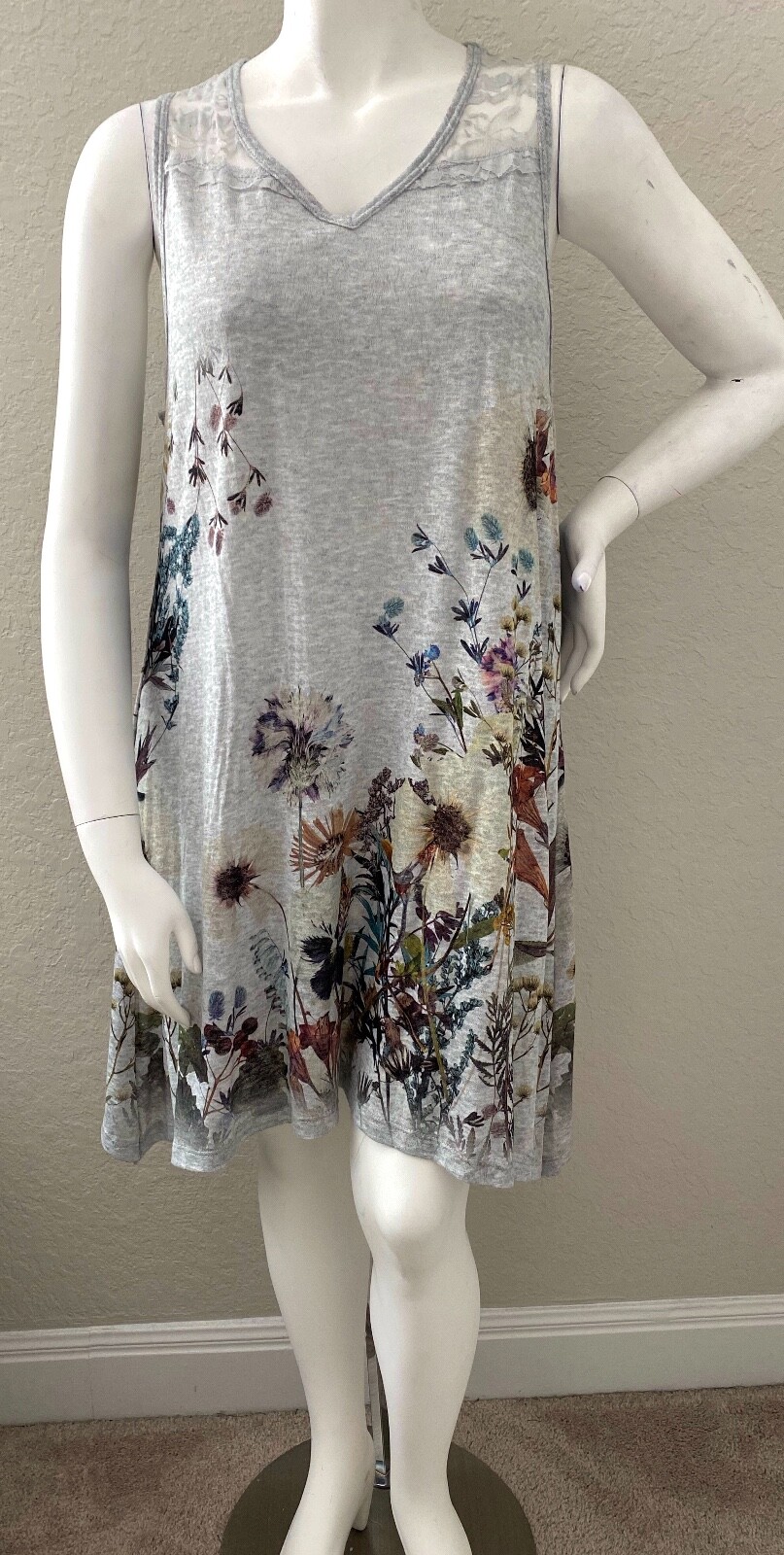 Vocal Floral Lace Inset Sleeveless Tunic Dress Heather Grey Plus 1XL 2XL 3XL New