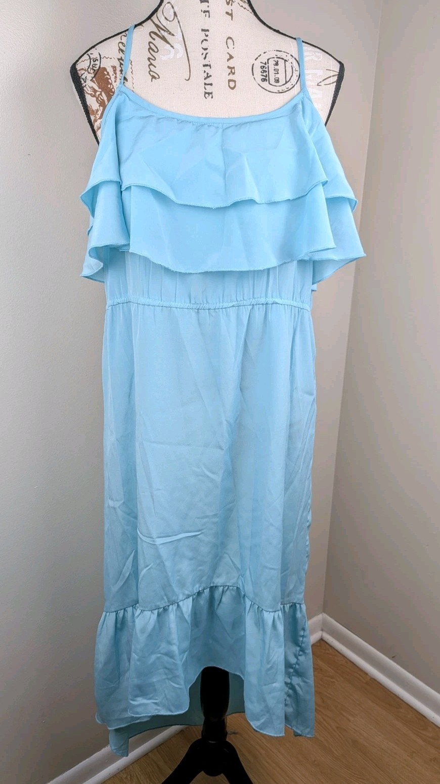 Fun & Flirt Sky Blue Mint Tiered Hi Low Spaghetti Strap Slip Dress Medium