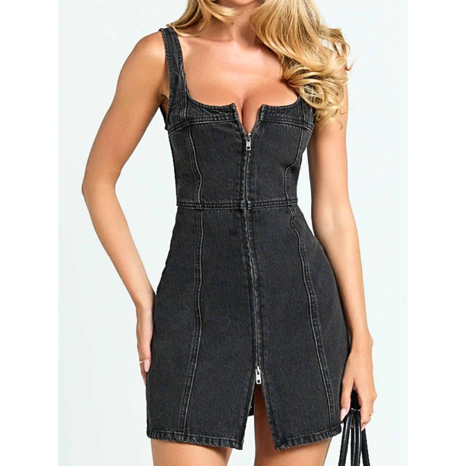 Showpo Black Denim Mini Dress Sz 4 Sleeveless Square Neck Bodycon Fitted Zipper