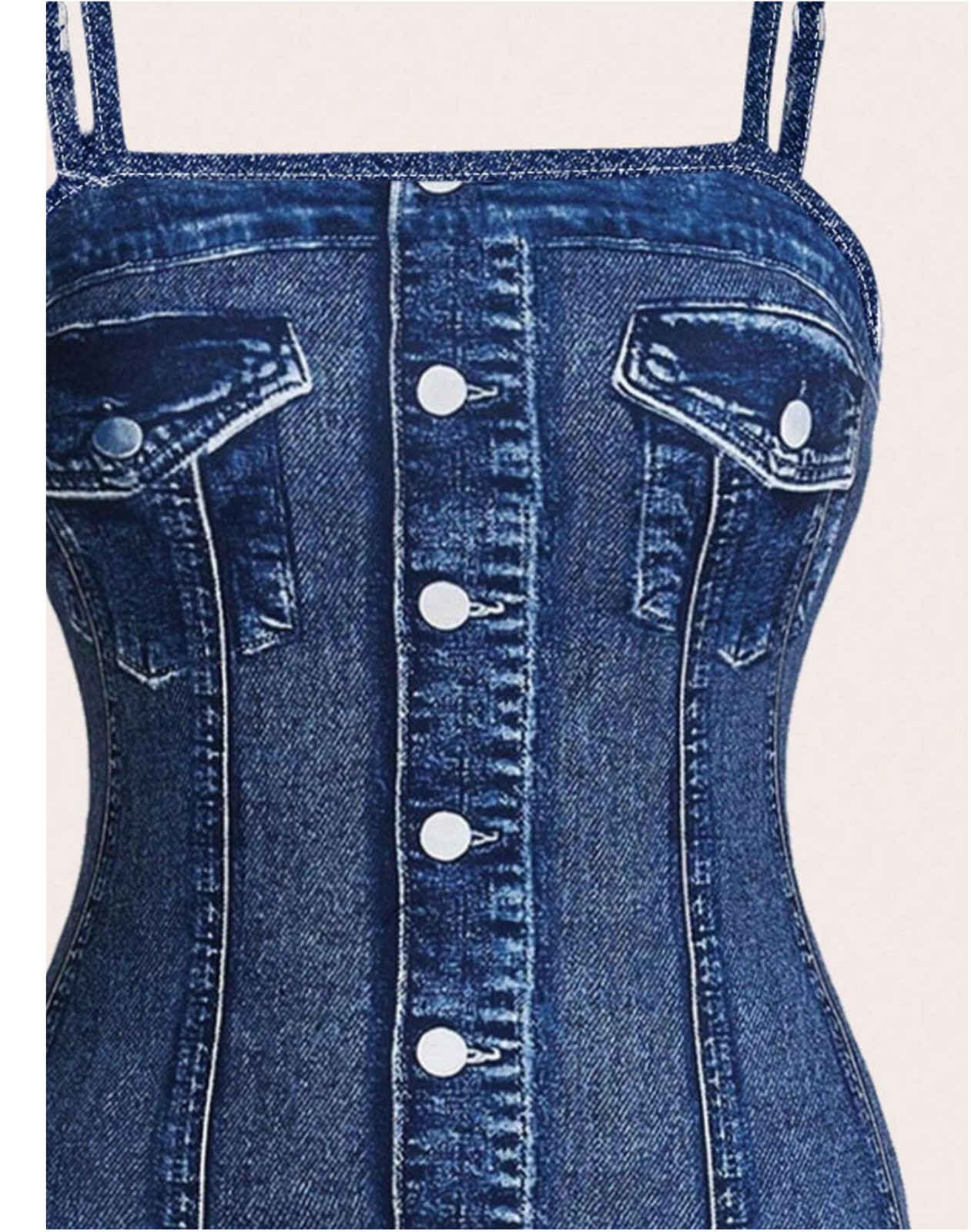 Gaze Women’s Spaghetti Strap Simple Fitted Digital Print Denim-Effect Dress