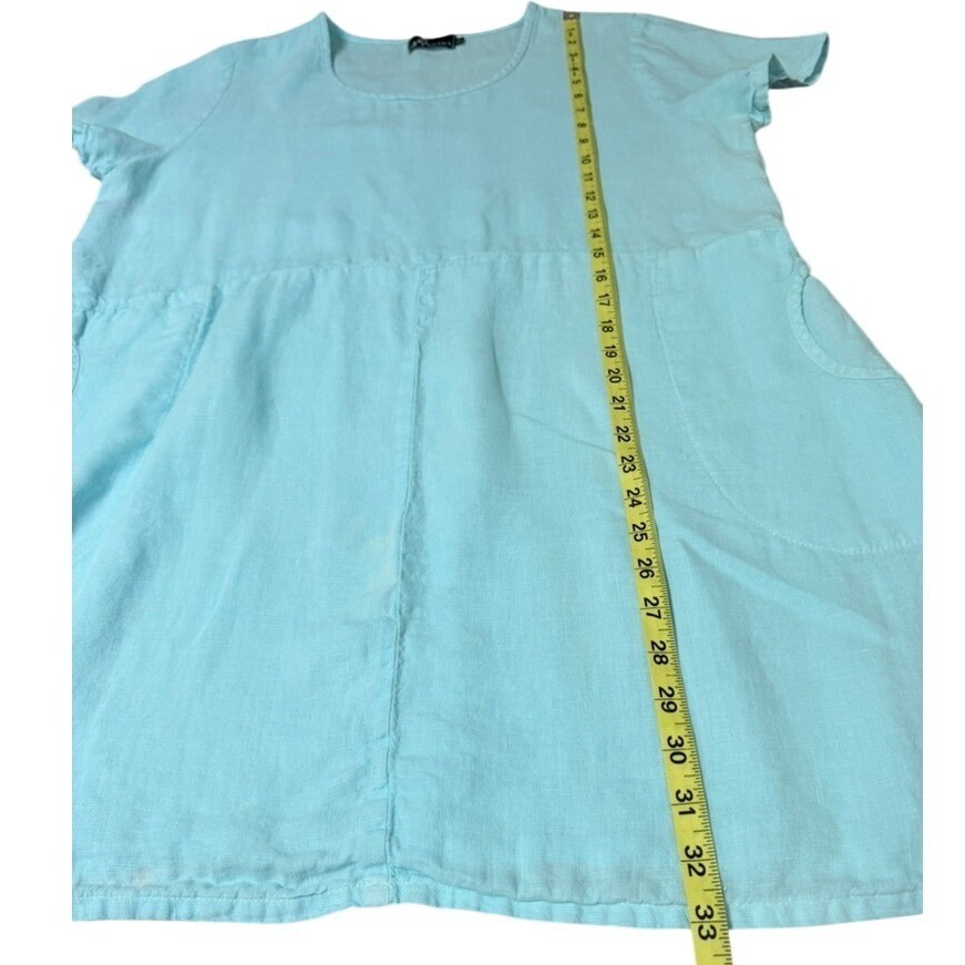 Fenini Tunic Dress Womens L Aqua Blue Linen Short Sleeve Empire Waist Lagenlook