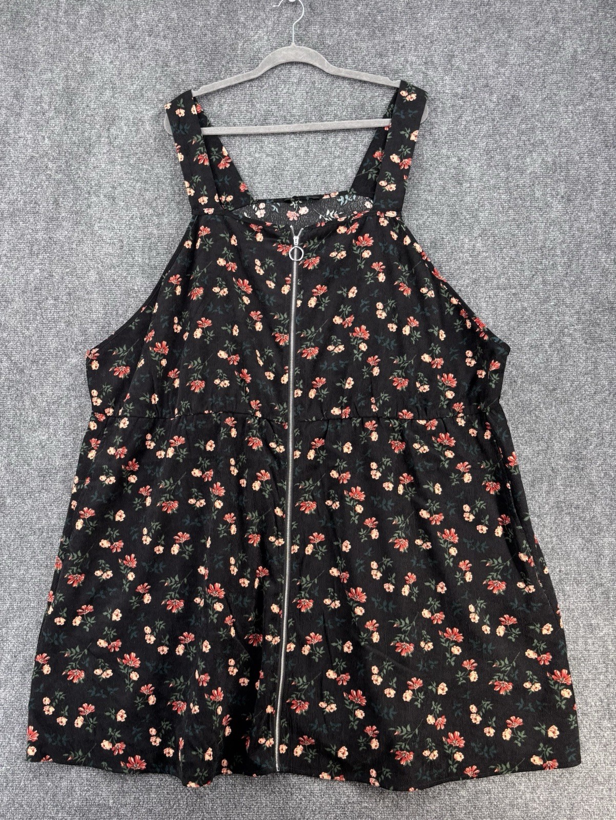 Bloomchic Black Floral Corduroy Front Zip Jumper Dress Women’s 6X Pinafore