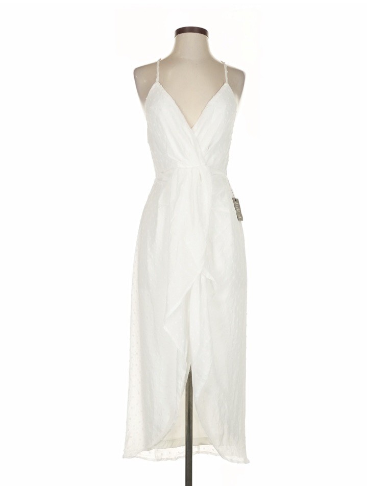 NWT Lulus Stylish Invite White Swiss Dot Surplice Midi Tulip Dress Bridal SZ S