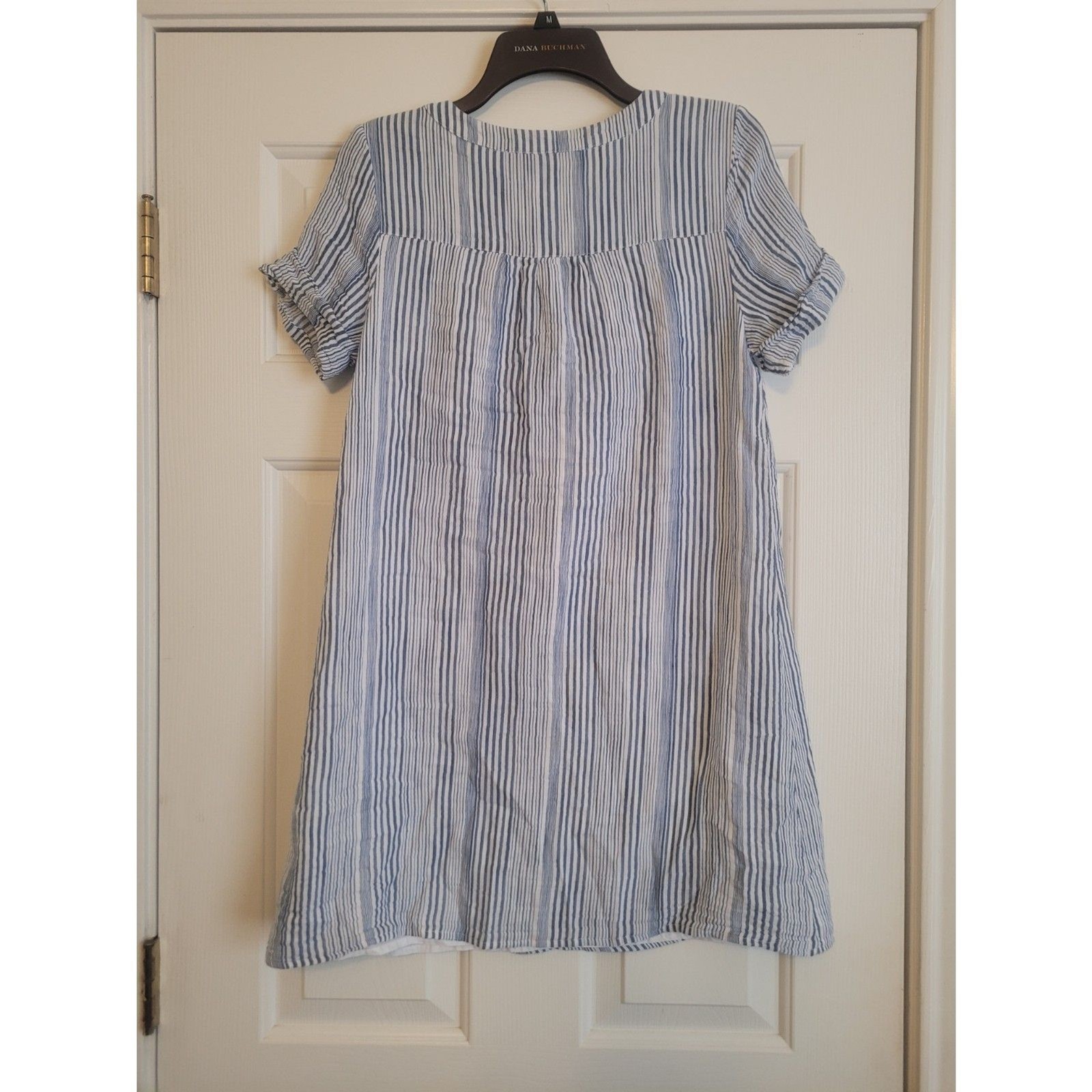 Blue Rain Blue White Striped Shift Dress Gauze Split Neck Button Placket Size S