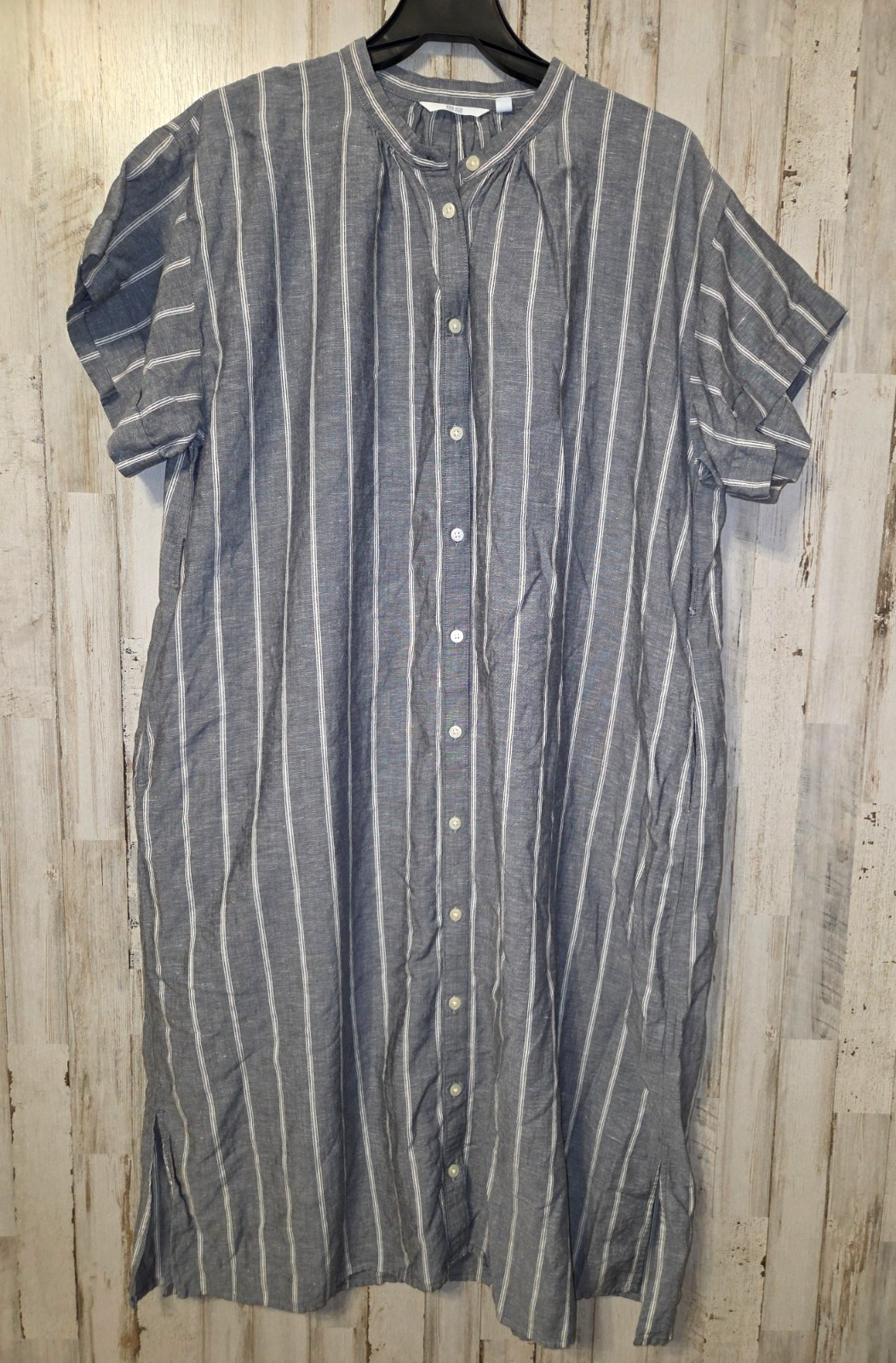 UNIQLO size L Striped Button Shirt Dress Below knee Linen blend Shoort sleeve