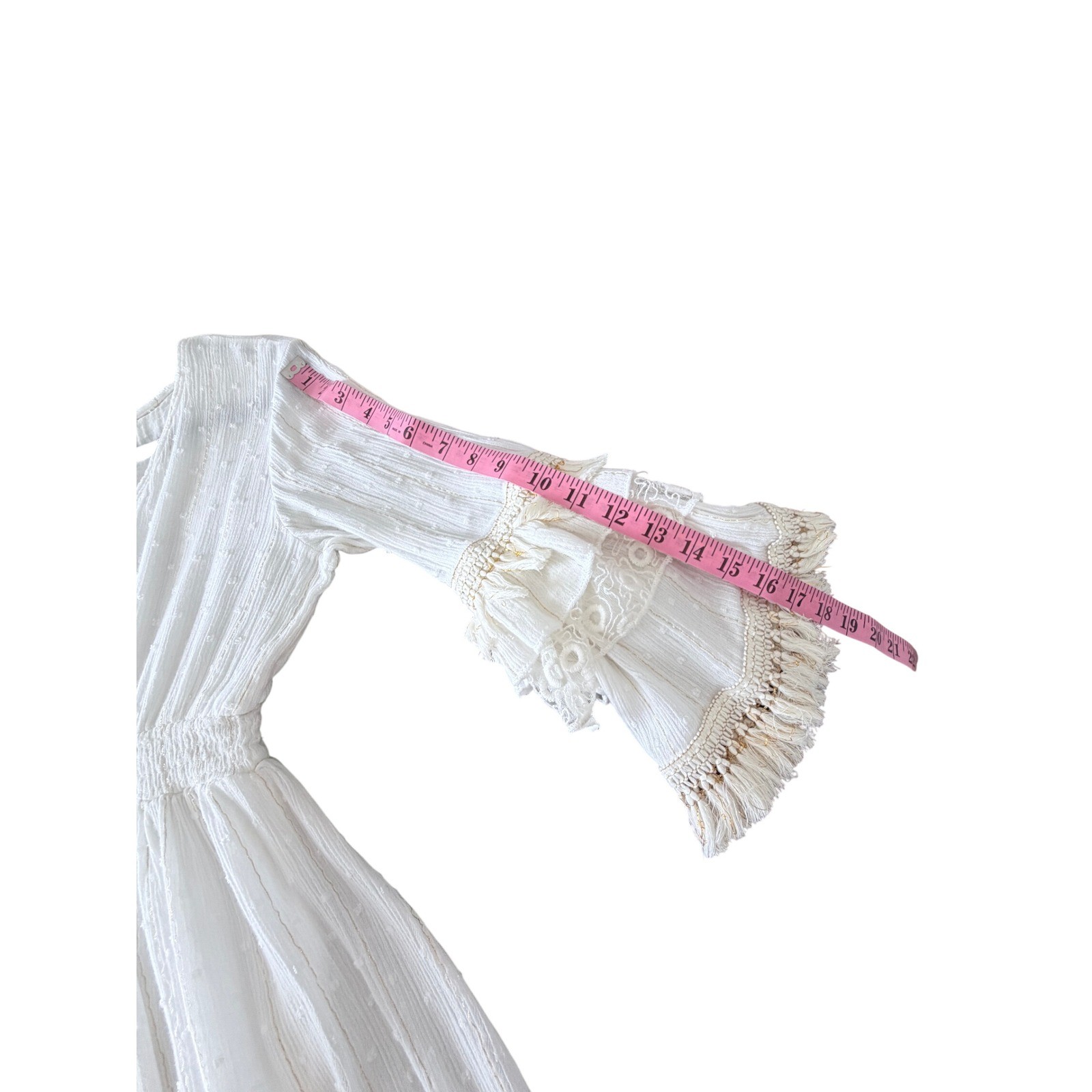 Zury White Boho Tassel Lace Ruffle Dress Gold Stripe Viscose Free Size