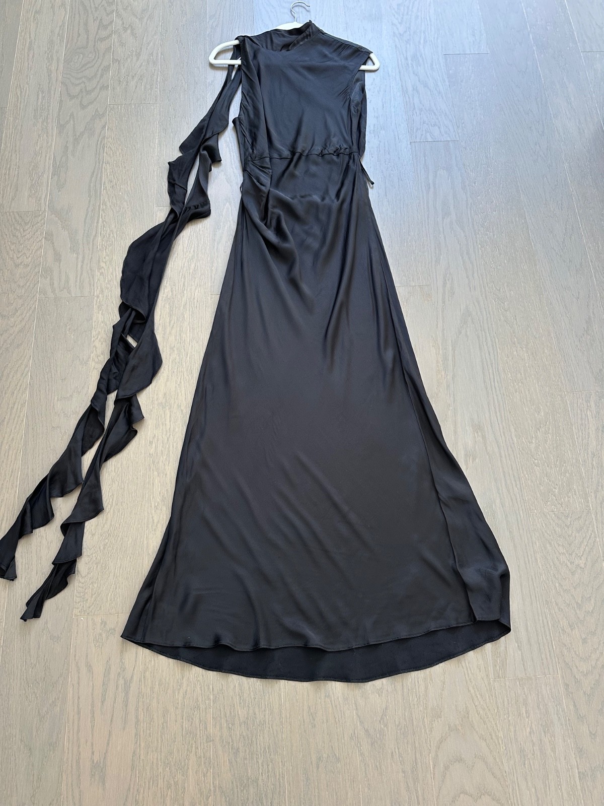 Shona Joy Agnes Draped Ruffle Maxi Dress Black Satin Gown – Size US 6