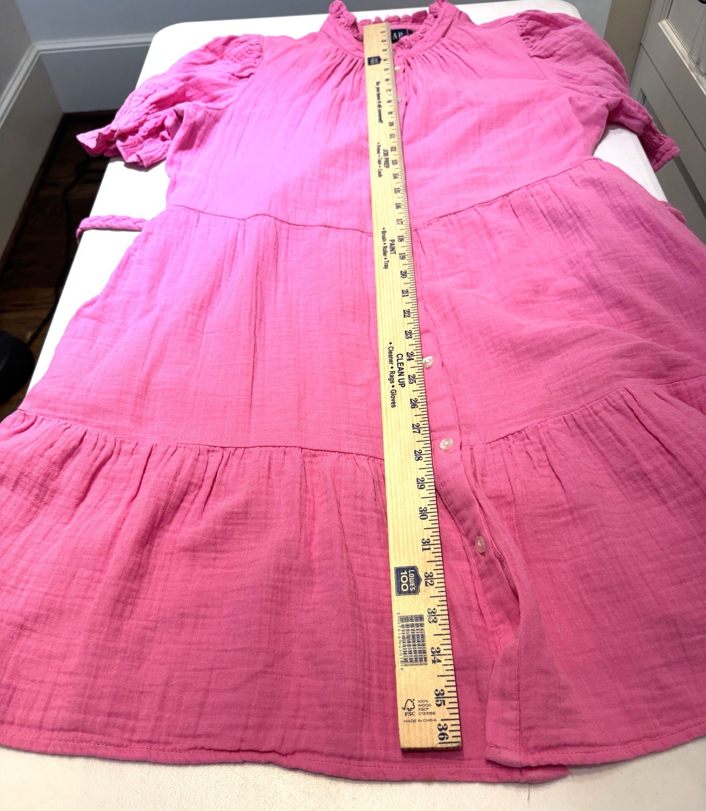 Gap Women Dress Size M Tall Pink Soft Cotton Gauze Tiered Dress Belt Pockets EUC