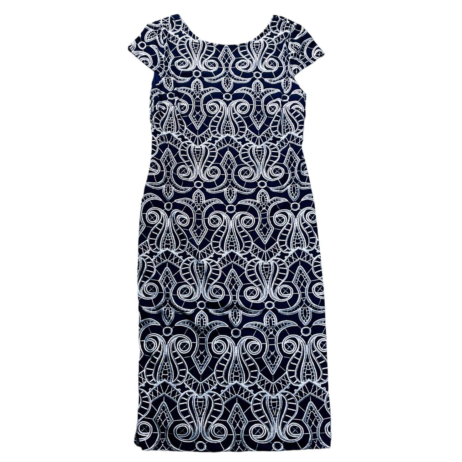 Ronni Nicole Womens Dress size 10 Navy Blue White Sheath Stretch Lined Back Zip