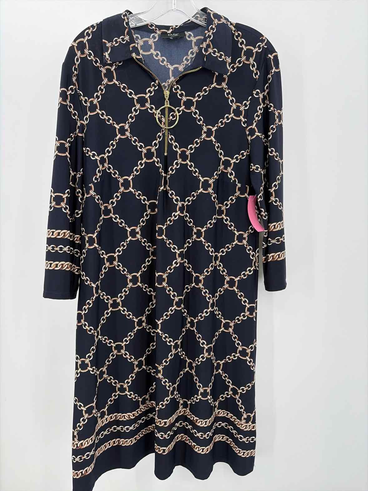 Pre-Owned MSK Navy Size Large Printed Knee Length Long Sleeve Dress