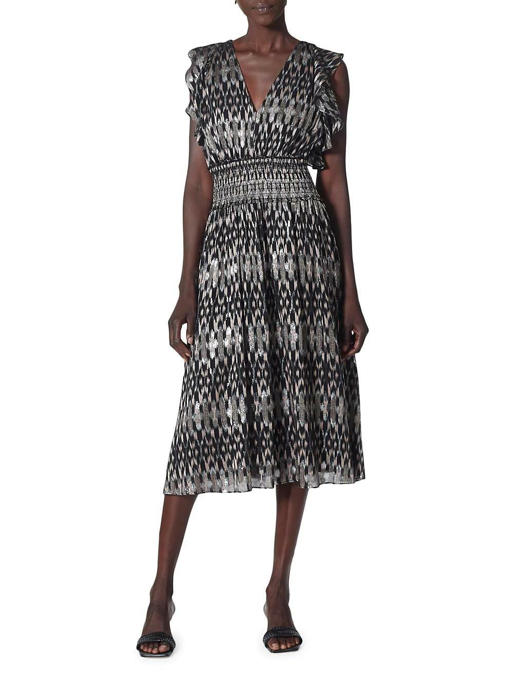 Joie Womens Pheobe Smocked Waist Midi Dress Sz XS Black Metallic Silk Blend NWT