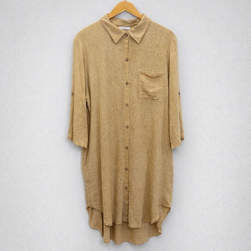 Italian Linen Lagenlook Tunic Shirt Dress Womens Oversized M Neutral Pockets