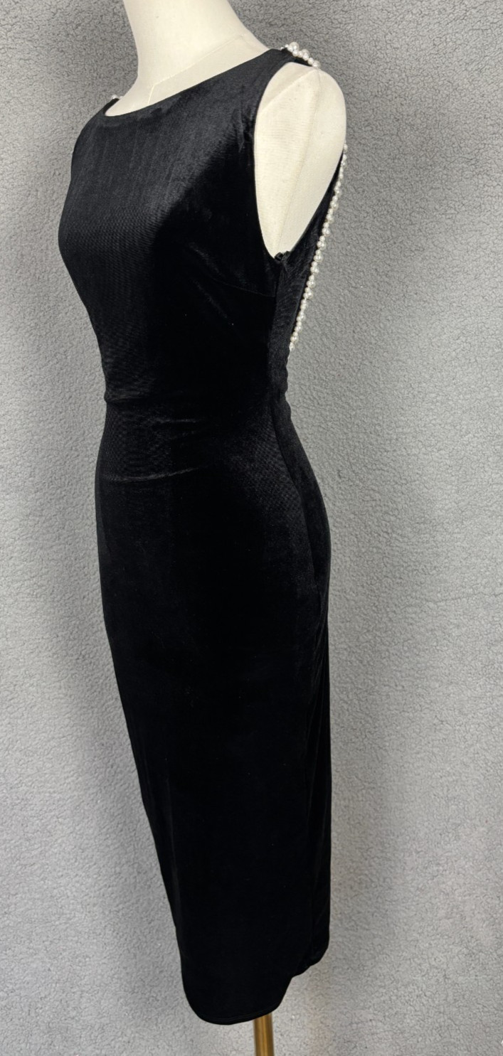 B Darlin Juniors'(1/2) Imitation-Pearl-Trim U-Back Velvet MIDI Dress Black NWOTs