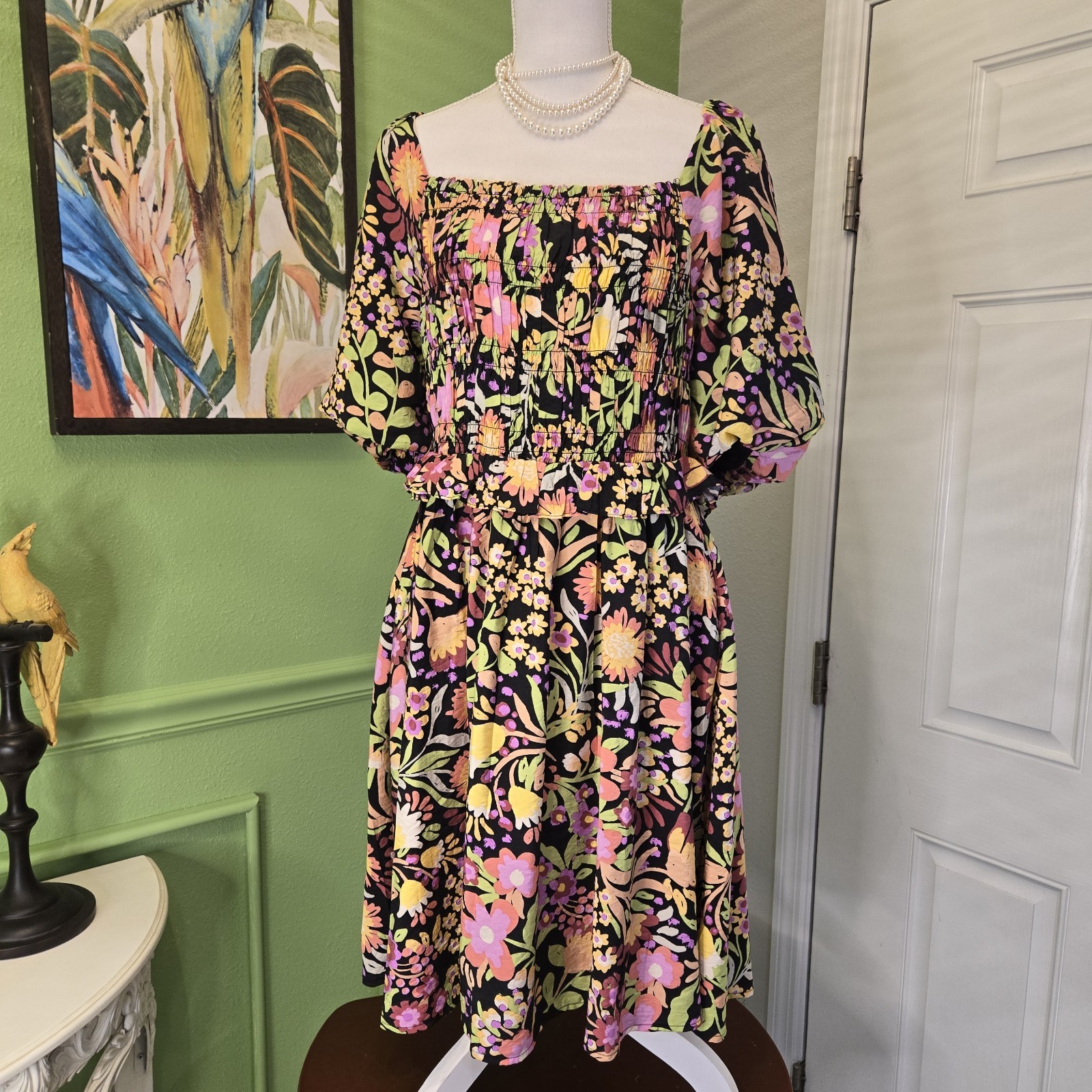 NWT ODDI Womens Dress 2xl Balloon Sleeves Smocked Bodice Floral A line Midi