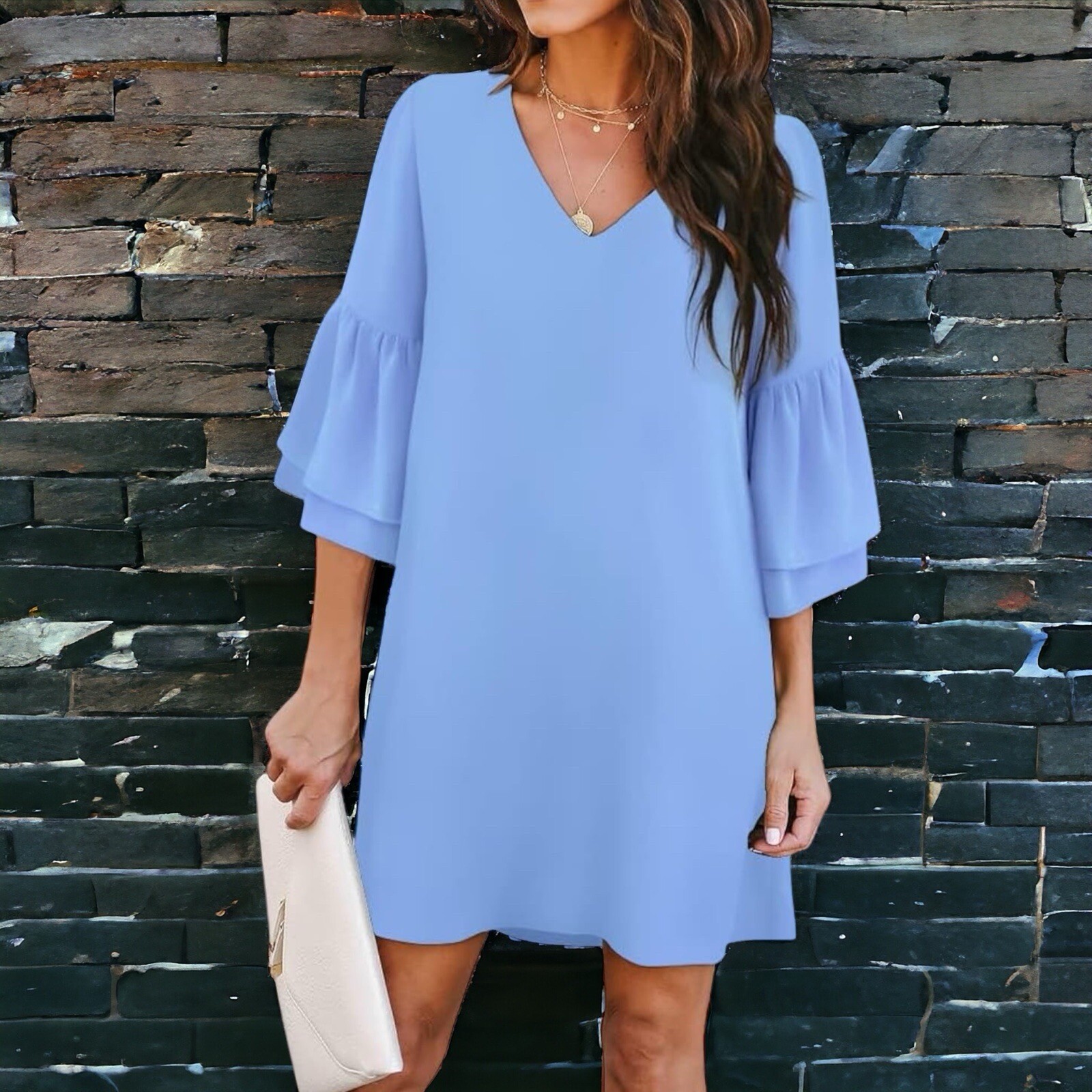 NWT BELONGSCI Pale Blue Bell Sleeve Shift Dress Medium