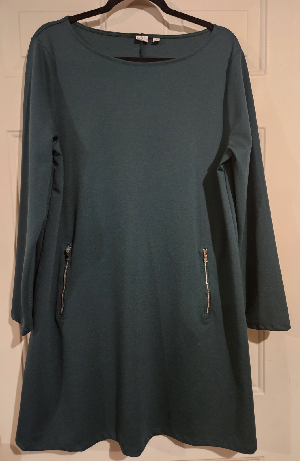 GAP XL Womens Shift Dress Dark Spruce Green Silver Zipper Pockets Long Sleeve