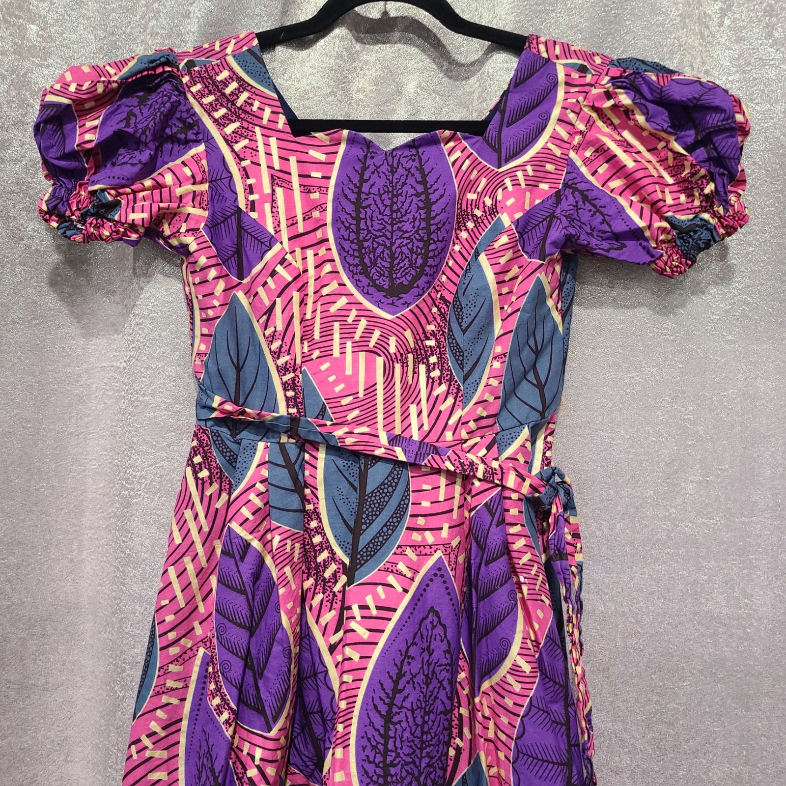 African Wax Print Leaf Dress Pink Purple Puff Sleeve Fit Flare Pockets Small