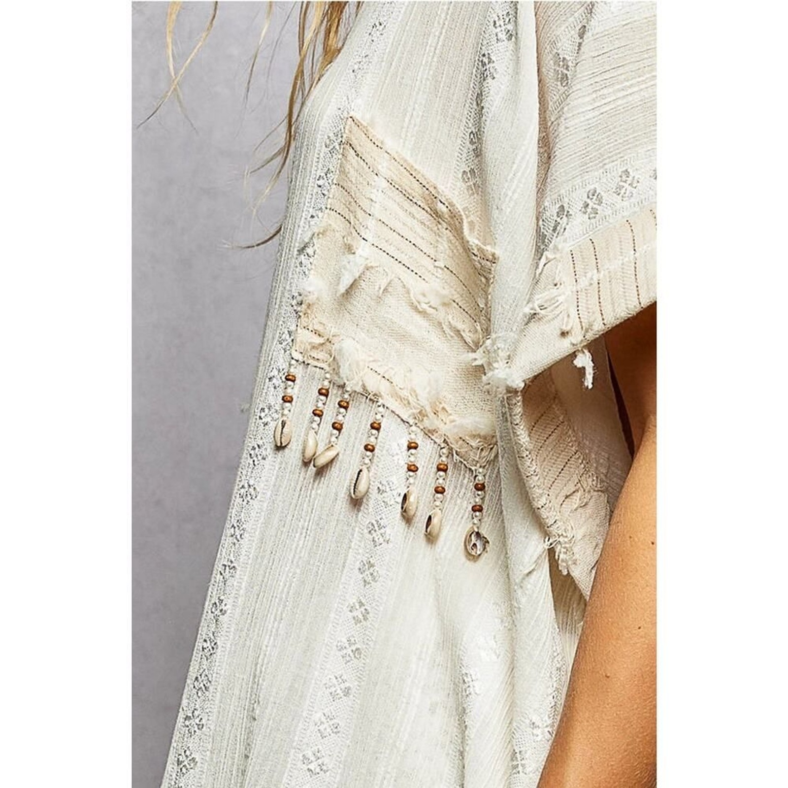POL Dangle Trim Textured Cotton Oversized Long Shirt Dress – Cream